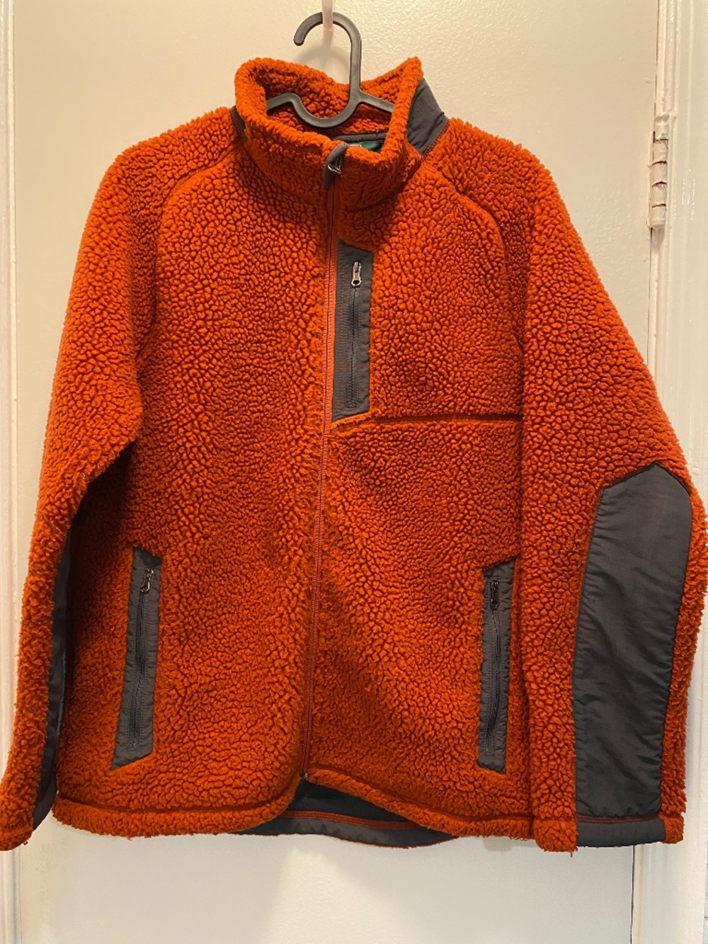 LL Bean Jacket Deep Pile Fleece Zip Up Orange Gray Trim XL Vintage Cozy Warm
